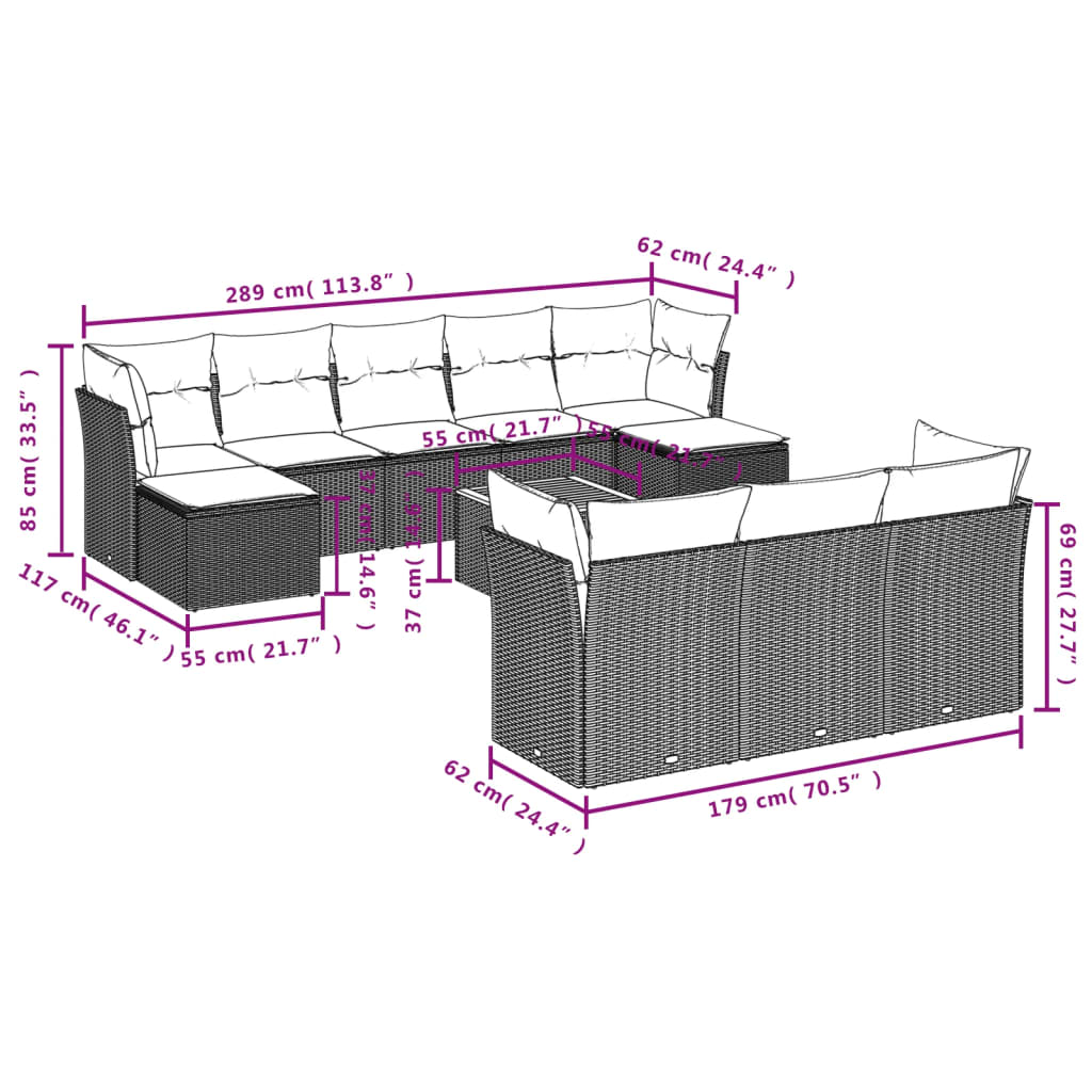 11-tlg. Garten-Sofagarnitur mit Kissen Grau Poly Rattan