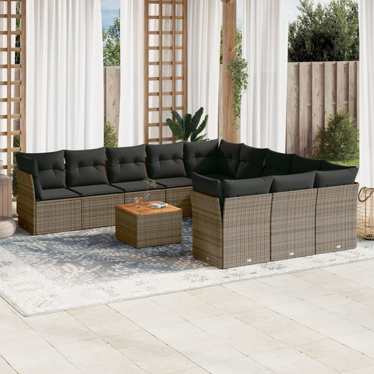 12-tlg. Garten-Sofagarnitur mit Kissen Grau Poly Rattan
