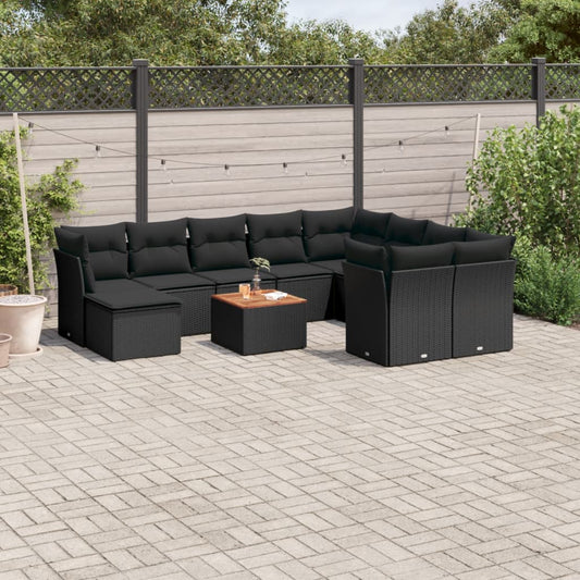 11-tlg. Garten-Sofagarnitur mit Kissen Schwarz Poly Rattan