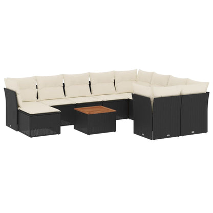 11-tlg. Garten-Sofagarnitur mit Kissen Schwarz Poly Rattan