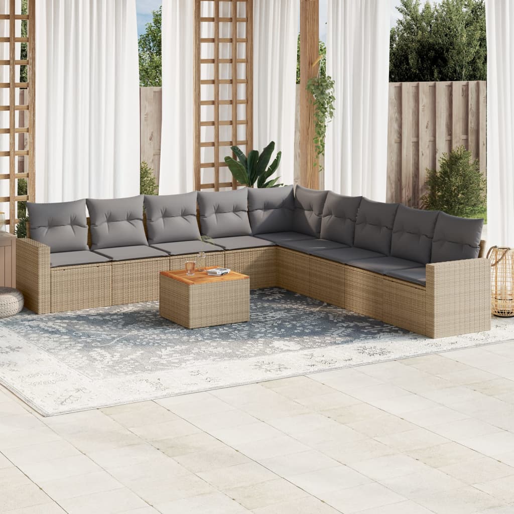 10-tlg. Garten-Sofagarnitur mit Kissen Beige Poly Rattan