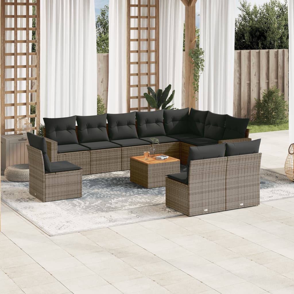 11-tlg. Garten-Sofagarnitur mit Kissen Grau Poly Rattan