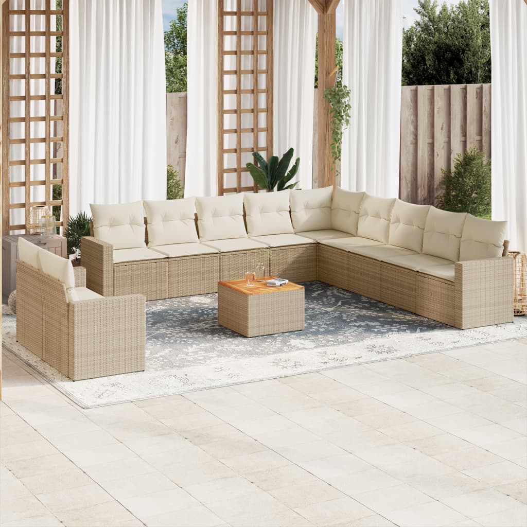 12-tlg. Garten-Sofagarnitur mit Kissen Beige Poly Rattan