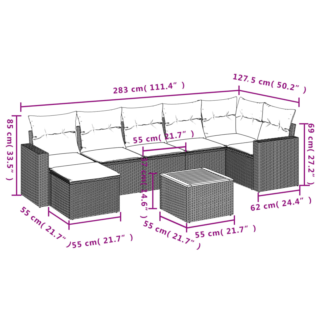 8-tlg. Garten-Sofagarnitur mit Kissen Schwarz Poly Rattan