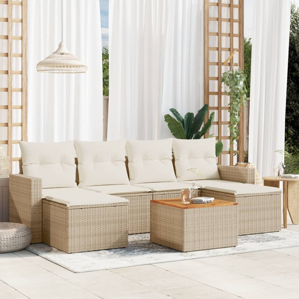 7-tlg. Garten-Sofagarnitur mit Kissen Beige Poly Rattan