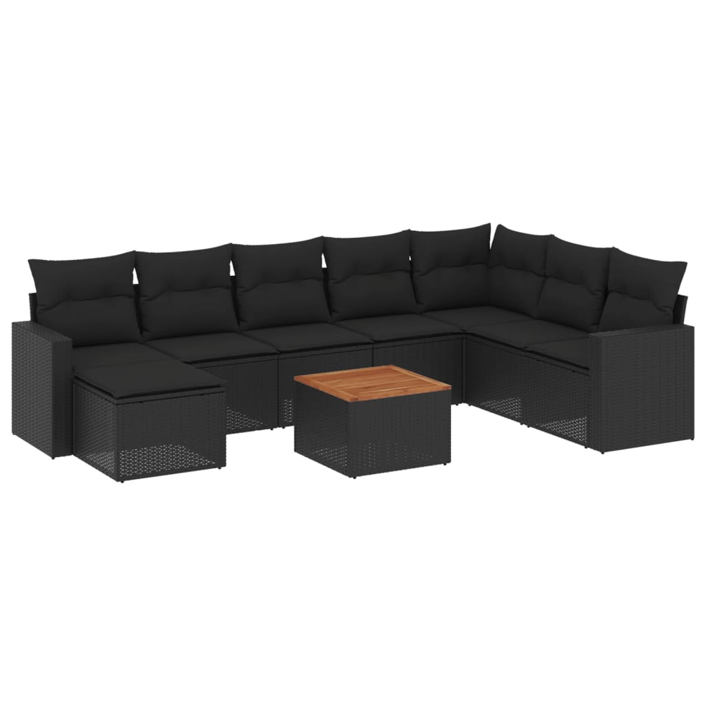 9-tlg. Garten-Sofagarnitur mit Kissen Schwarz Poly Rattan