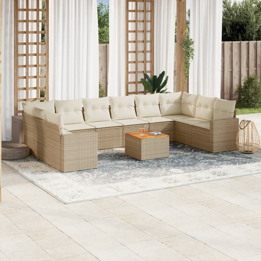 11-tlg. Garten-Sofagarnitur mit Kissen Beige Poly Rattan