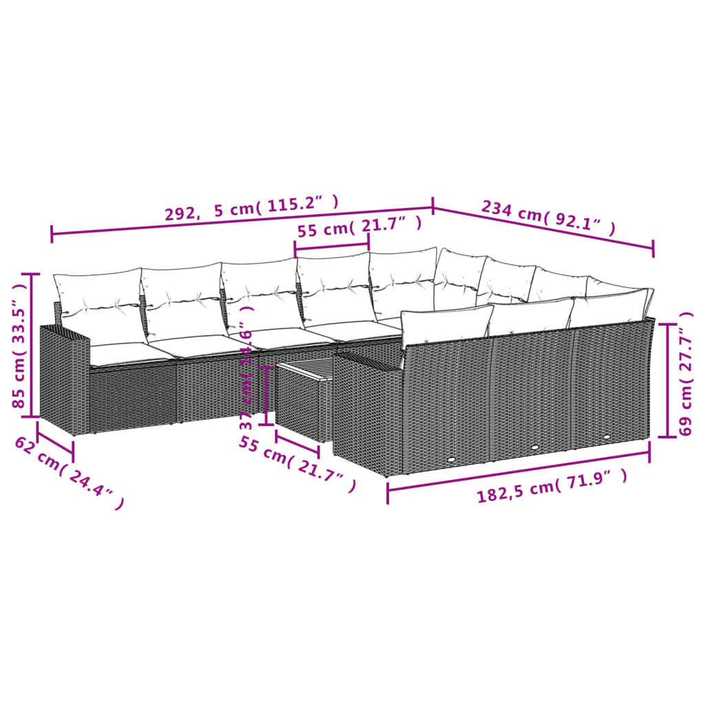 11-tlg. Garten-Sofagarnitur mit Kissen Schwarz Poly Rattan