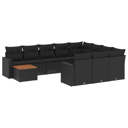 11-tlg. Garten-Sofagarnitur mit Kissen Schwarz Poly Rattan