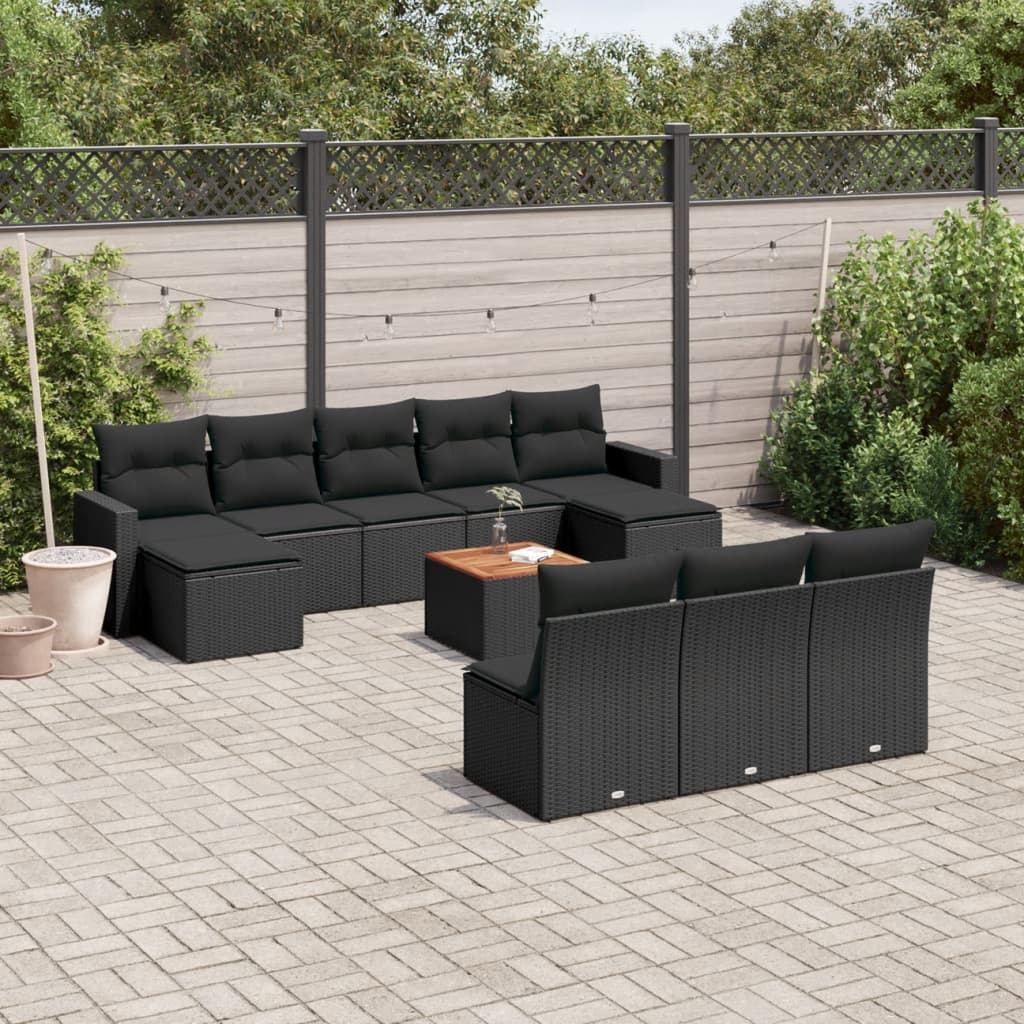 11-tlg. Garten-Sofagarnitur mit Kissen Schwarz Poly Rattan