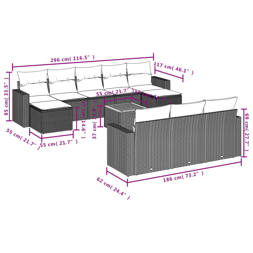 11-tlg. Garten-Sofagarnitur mit Kissen Beige Poly Rattan