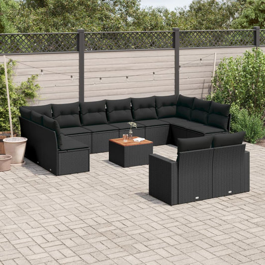 13-tlg. Garten-Sofagarnitur mit Kissen Schwarz Poly Rattan