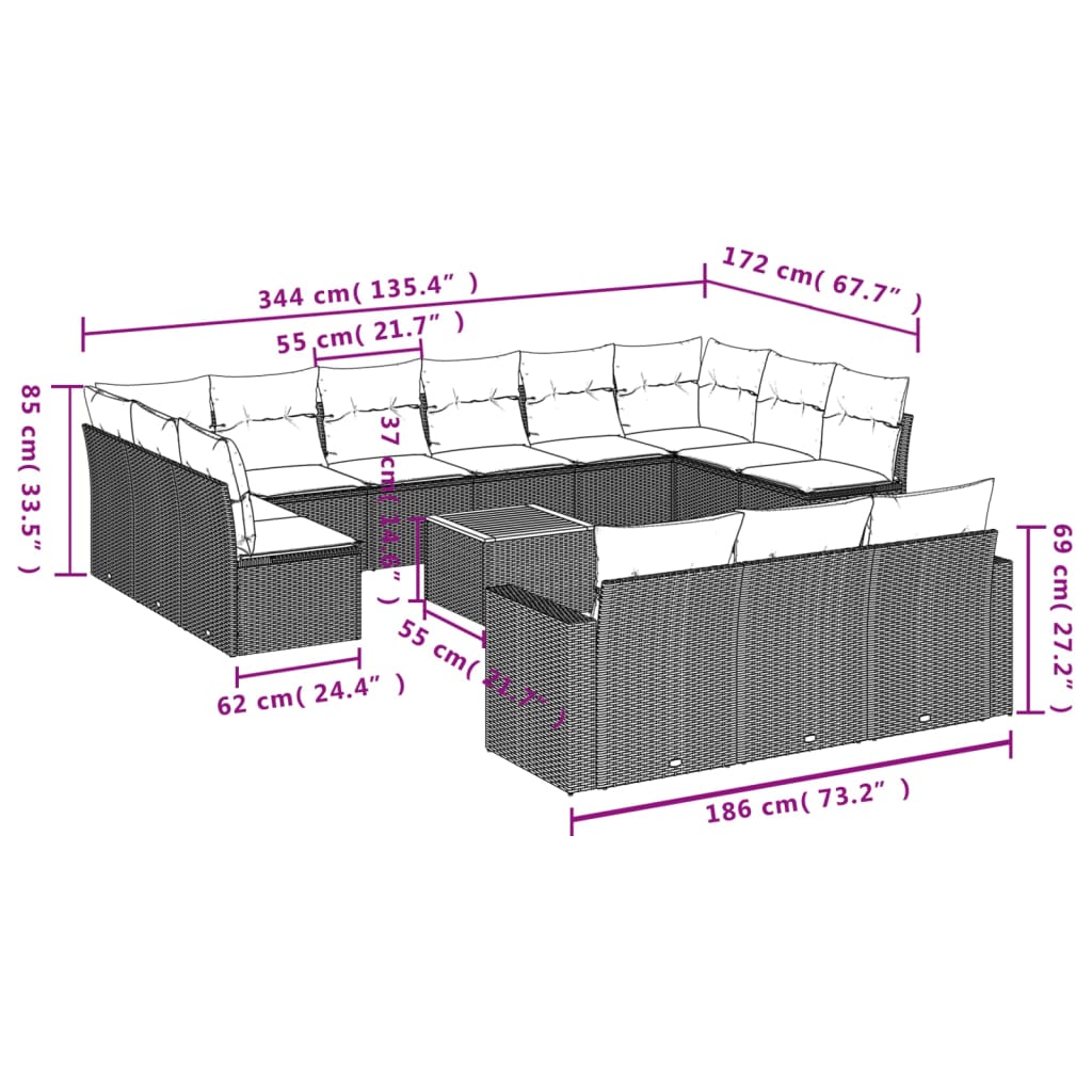 14-tlg. Garten-Sofagarnitur mit Kissen Beige Poly Rattan