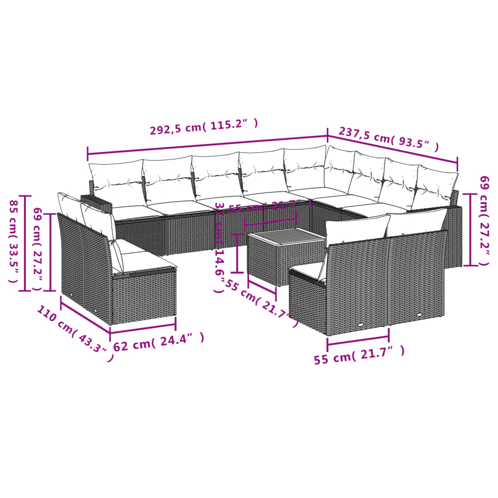 13-tlg. Garten-Sofagarnitur mit Kissen Schwarz Poly Rattan