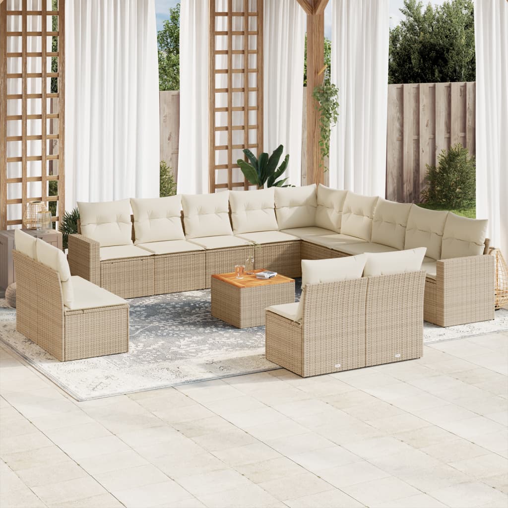 14-tlg. Garten-Sofagarnitur mit Kissen Beige Poly Rattan