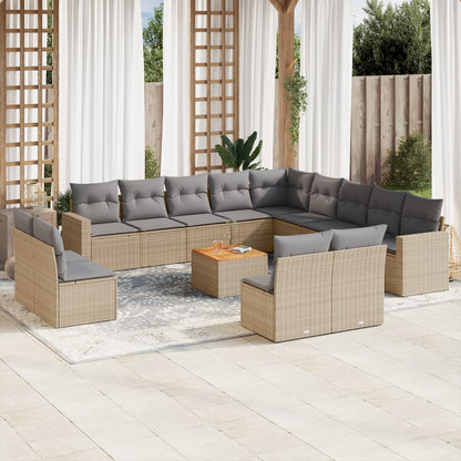 14-tlg. Garten-Sofagarnitur mit Kissen Beige Poly Rattan