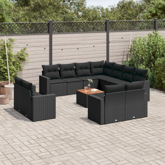 12-tlg. Garten-Sofagarnitur mit Kissen Schwarz Poly Rattan