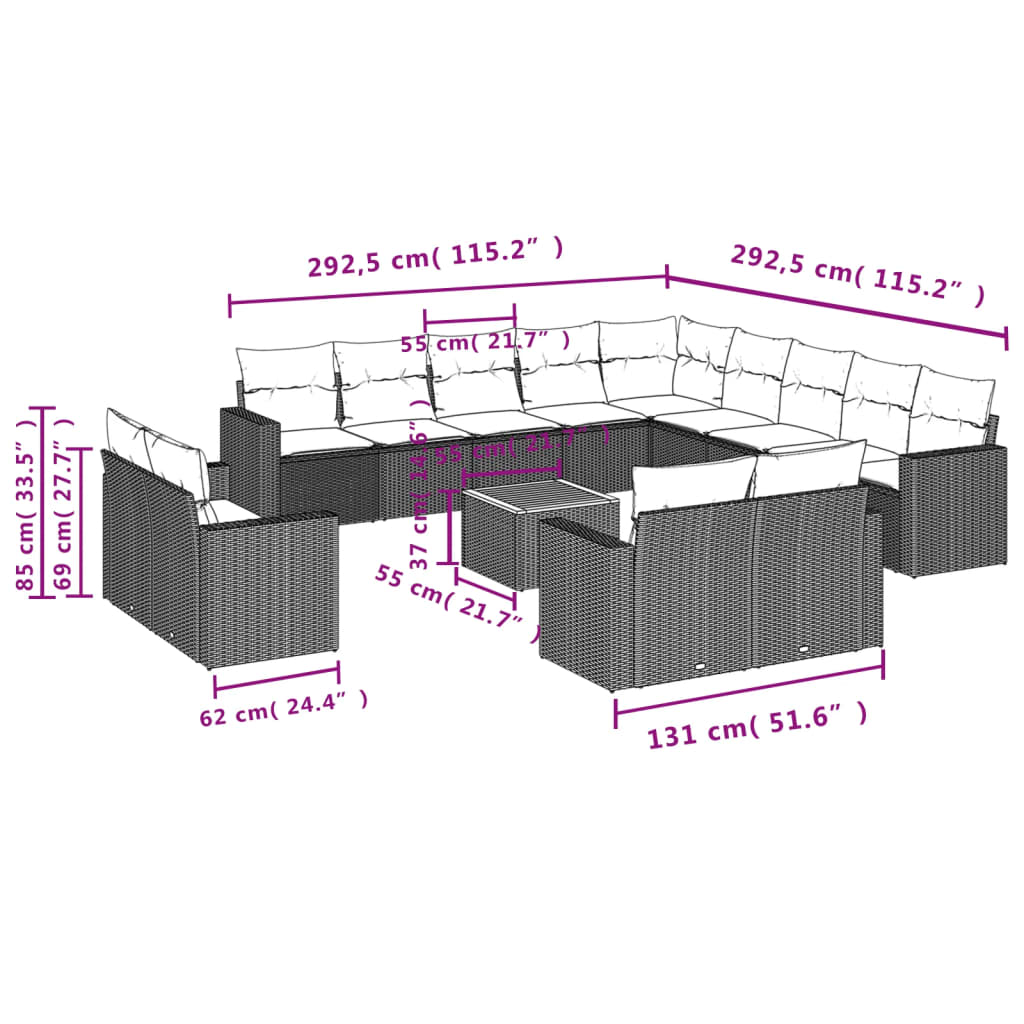 14-tlg. Garten-Sofagarnitur mit Kissen Beige Poly Rattan