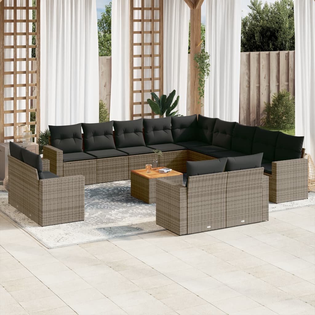 14-tlg. Garten-Sofagarnitur mit Kissen Grau Poly Rattan