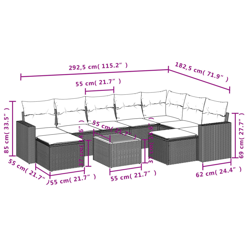 10-tlg. Garten-Sofagarnitur mit Kissen Grau Poly Rattan