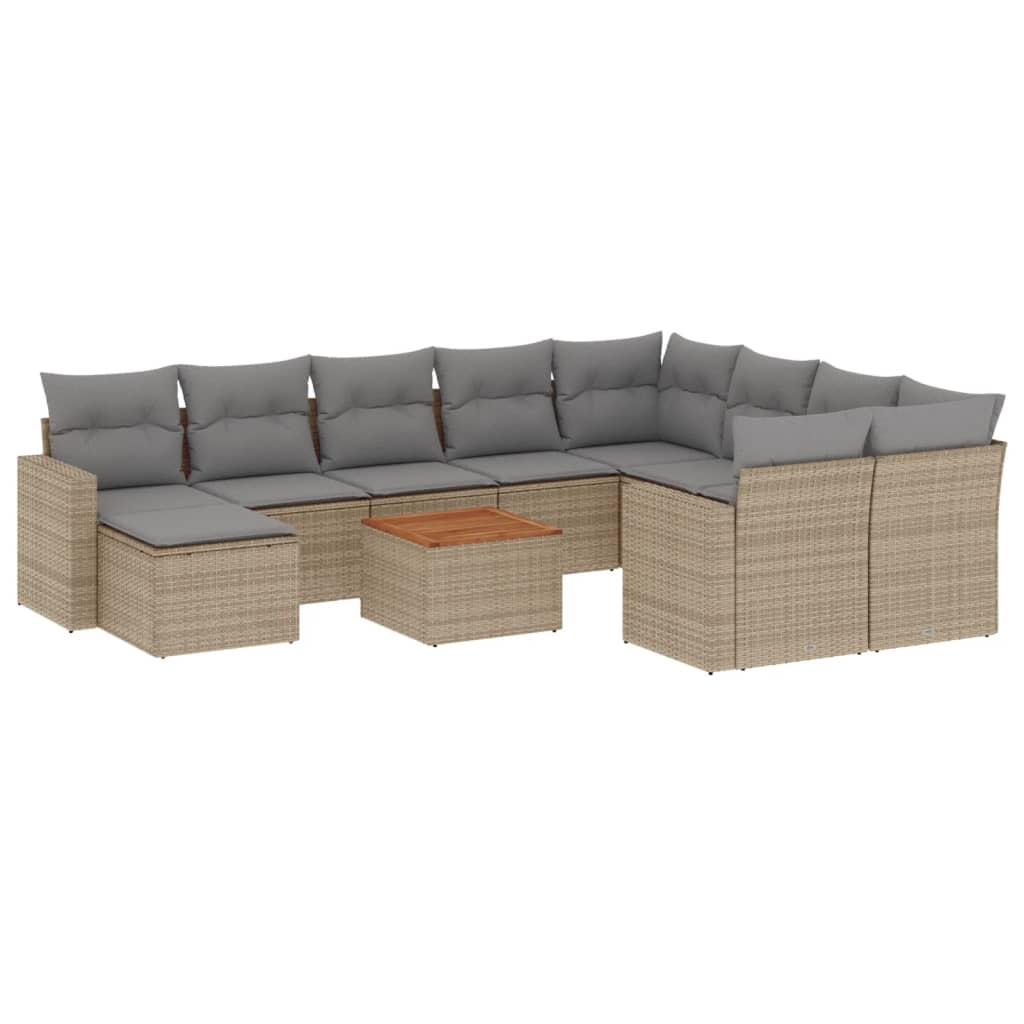 11-tlg. Garten-Sofagarnitur mit Kissen Beige Poly Rattan