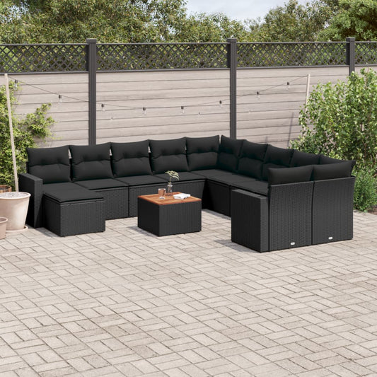 12-tlg. Garten-Sofagarnitur mit Kissen Schwarz Poly Rattan