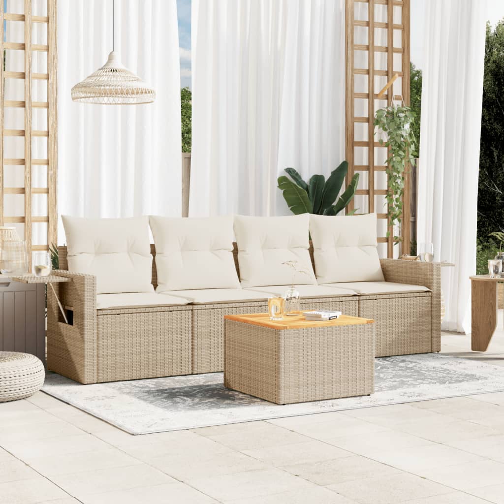 5-tlg. Garten-Sofagarnitur mit Kissen Beige Poly Rattan