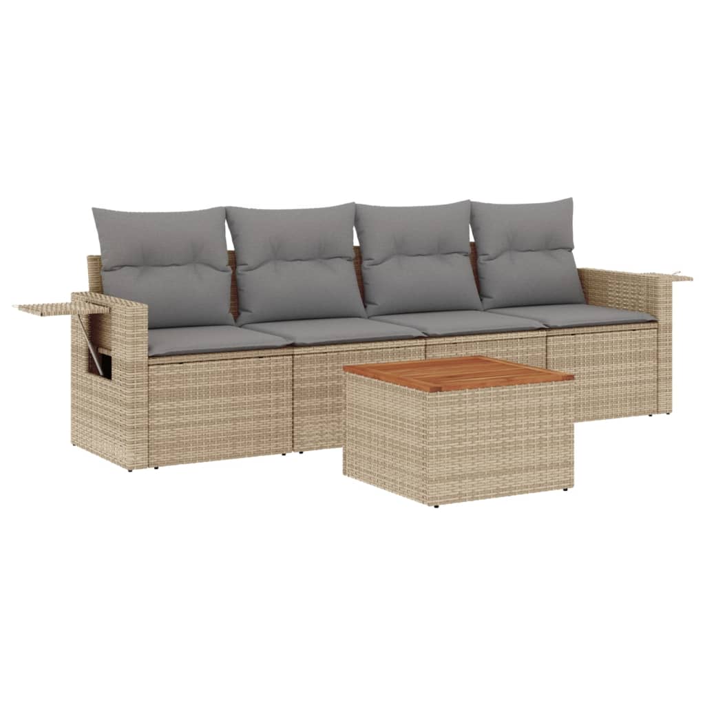 5-tlg. Garten-Sofagarnitur mit Kissen Beige Poly Rattan