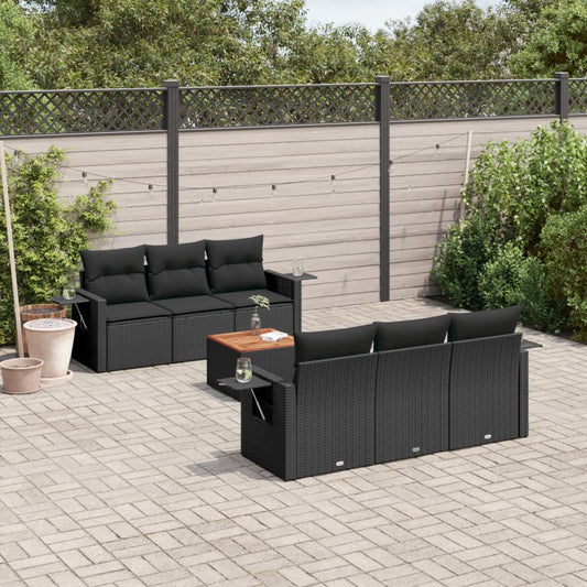 7-tlg. Garten-Sofagarnitur mit Kissen Schwarz Poly Rattan