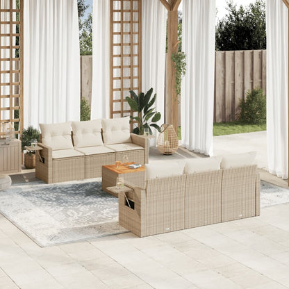 7-tlg. Garten-Sofagarnitur mit Kissen Beige Poly Rattan