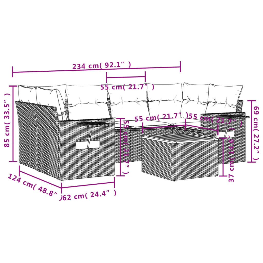 7-tlg. Garten-Sofagarnitur mit Kissen Schwarz Poly Rattan