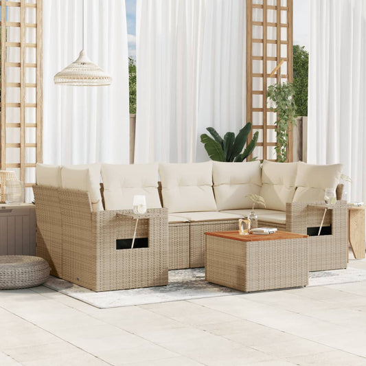 7-tlg. Garten-Sofagarnitur mit Kissen Beige Poly Rattan