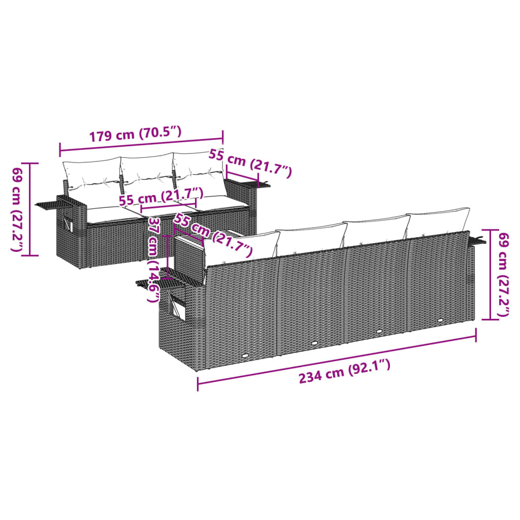 8-tlg. Garten-Sofagarnitur mit Kissen Schwarz Poly Rattan