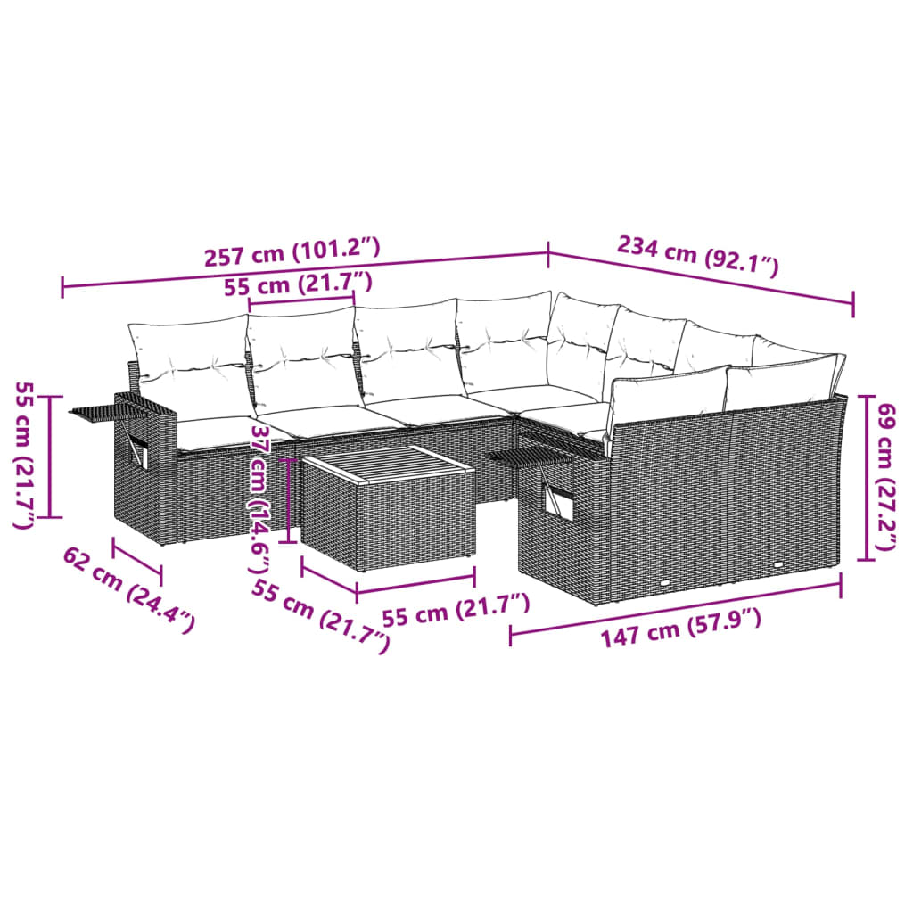 9-tlg. Garten-Sofagarnitur mit Kissen Schwarz Poly Rattan