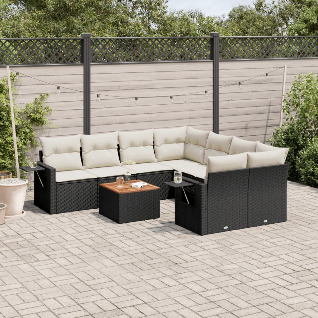 9-tlg. Garten-Sofagarnitur mit Kissen Schwarz Poly Rattan