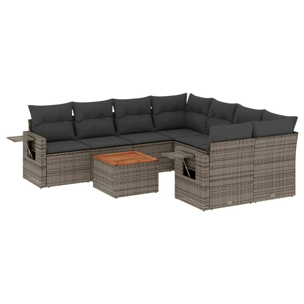 9-tlg. Garten-Sofagarnitur mit Kissen Grau Poly Rattan