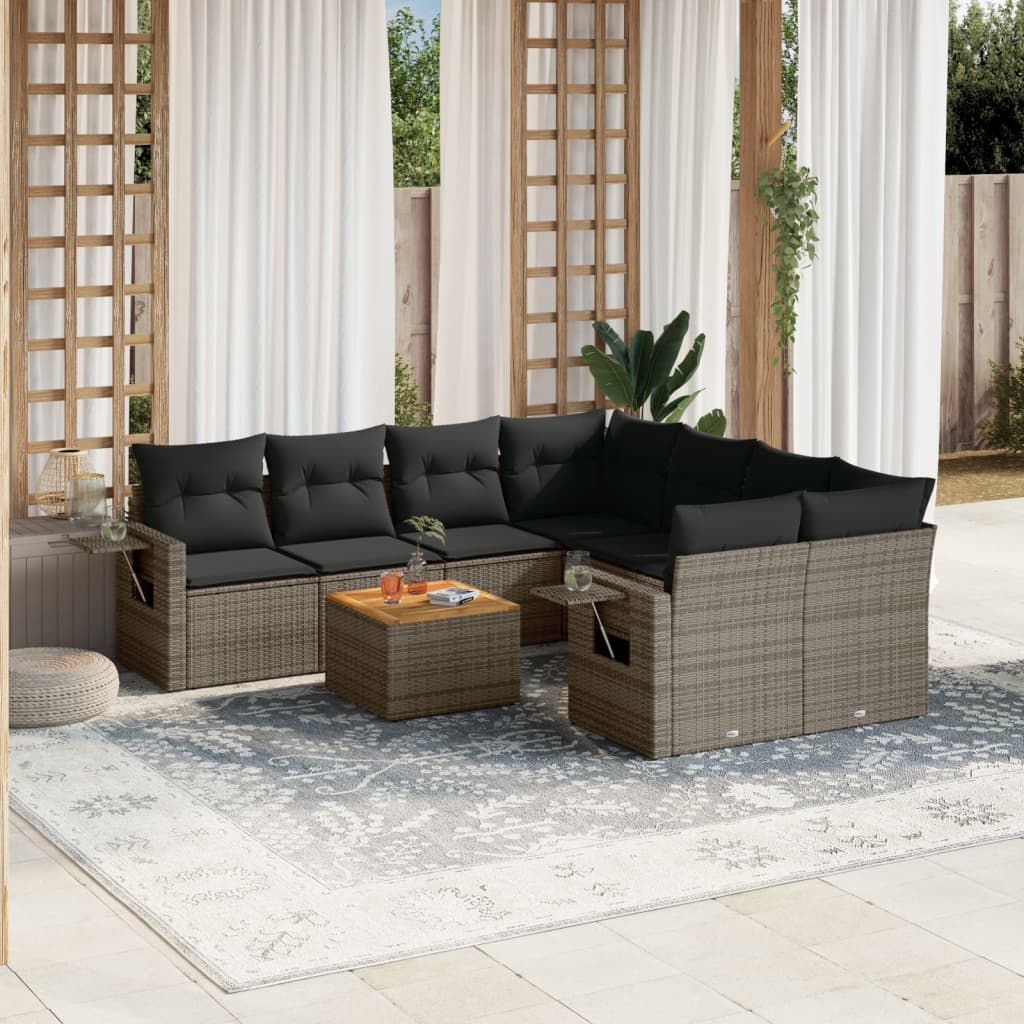 9-tlg. Garten-Sofagarnitur mit Kissen Grau Poly Rattan