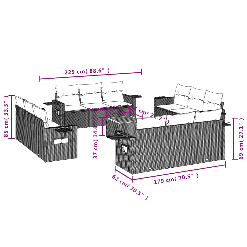 13-tlg. Garten-Sofagarnitur mit Kissen Grau Poly Rattan