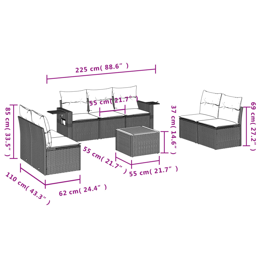 8-tlg. Garten-Sofagarnitur mit Kissen Schwarz Poly Rattan