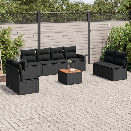 9-tlg. Garten-Sofagarnitur mit Kissen Schwarz Poly Rattan