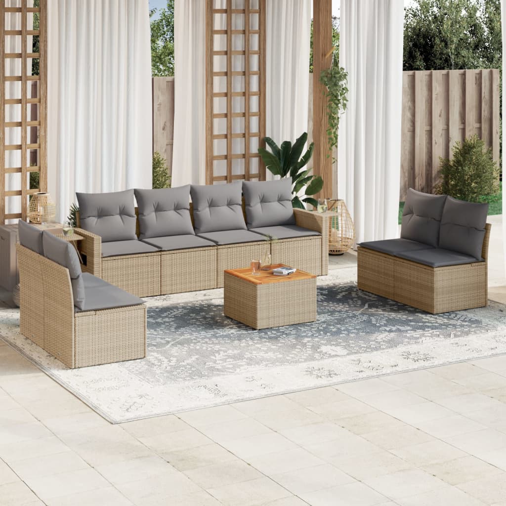 9-tlg. Garten-Sofagarnitur mit Kissen Beige Poly Rattan