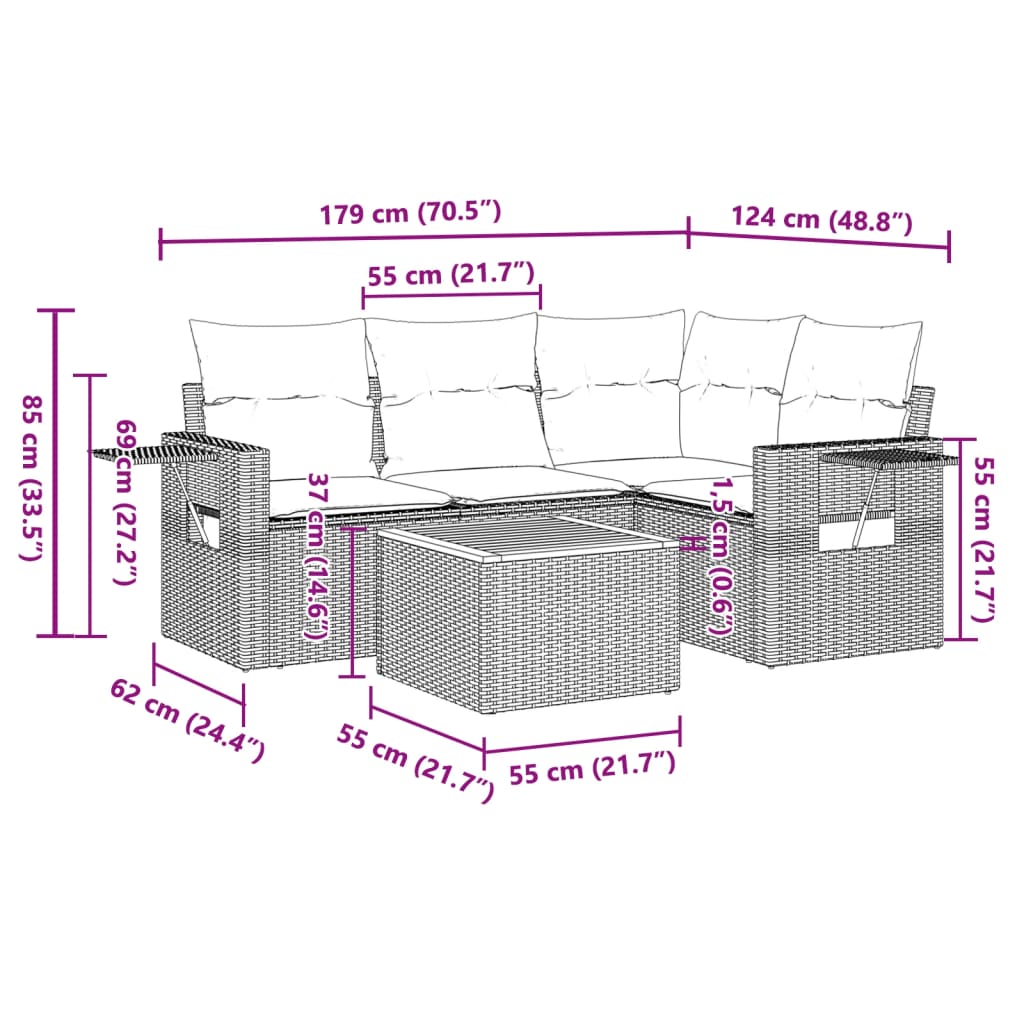 5-tlg. Garten-Sofagarnitur mit Kissen Grau Poly Rattan