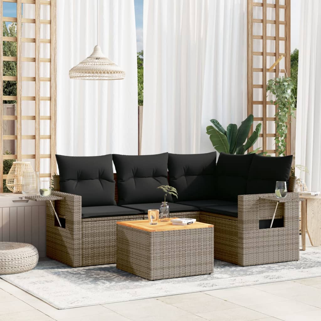 5-tlg. Garten-Sofagarnitur mit Kissen Grau Poly Rattan