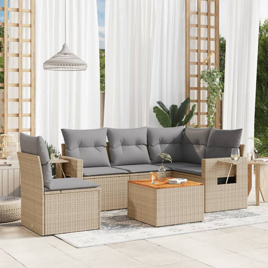 6-tlg. Garten-Sofagarnitur mit Kissen Beige Poly Rattan