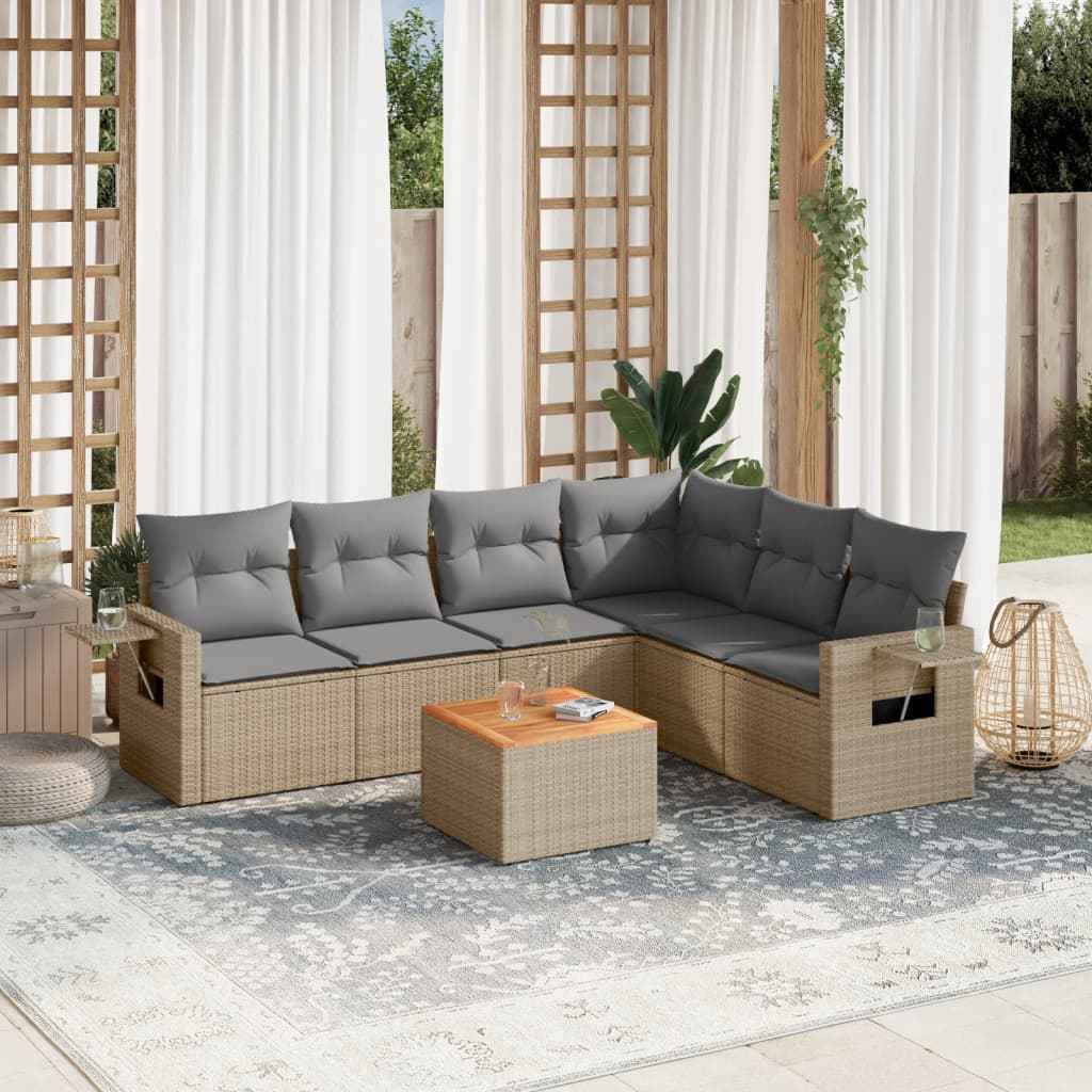 7-tlg. Garten-Sofagarnitur mit Kissen Beige Poly Rattan