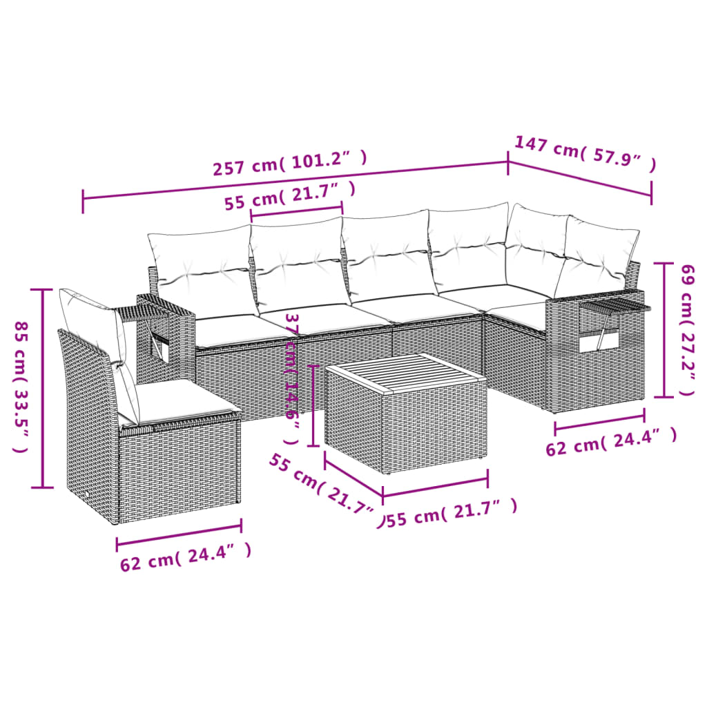 7-tlg. Garten-Sofagarnitur mit Kissen Schwarz Poly Rattan