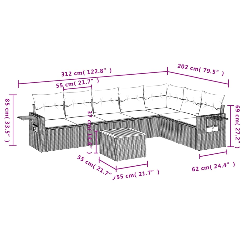 8-tlg. Garten-Sofagarnitur mit Kissen Schwarz Poly Rattan