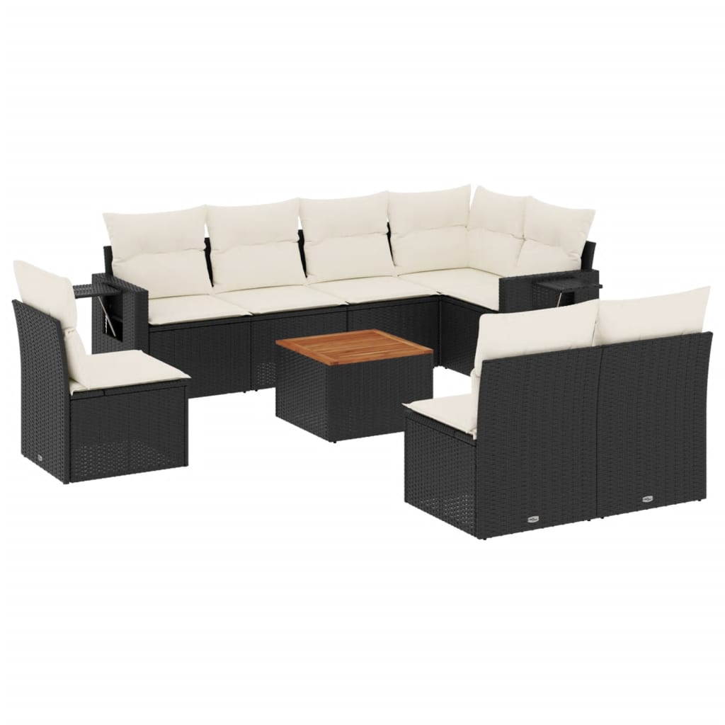 9-tlg. Garten-Sofagarnitur mit Kissen Schwarz Poly Rattan