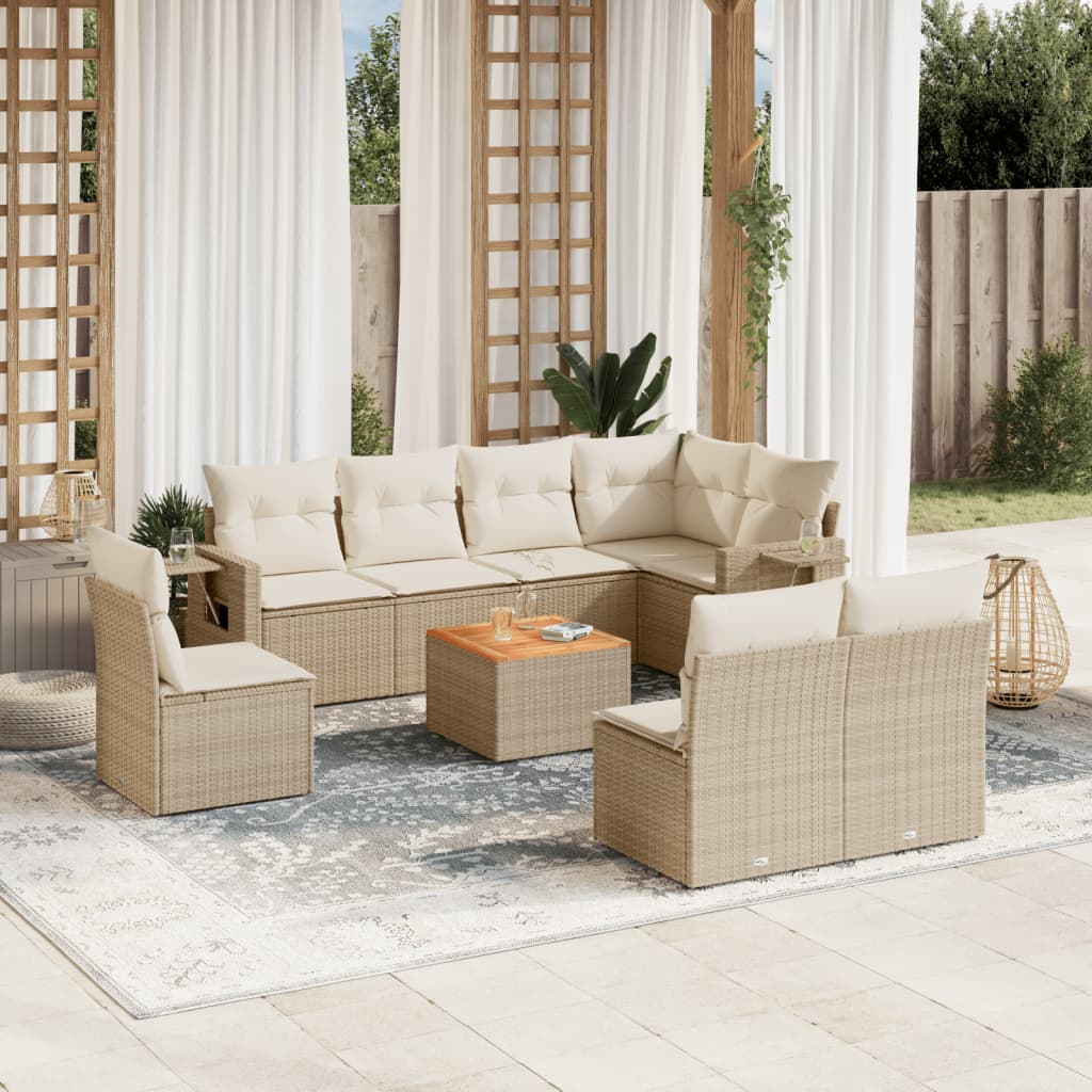 9-tlg. Garten-Sofagarnitur mit Kissen Beige Poly Rattan