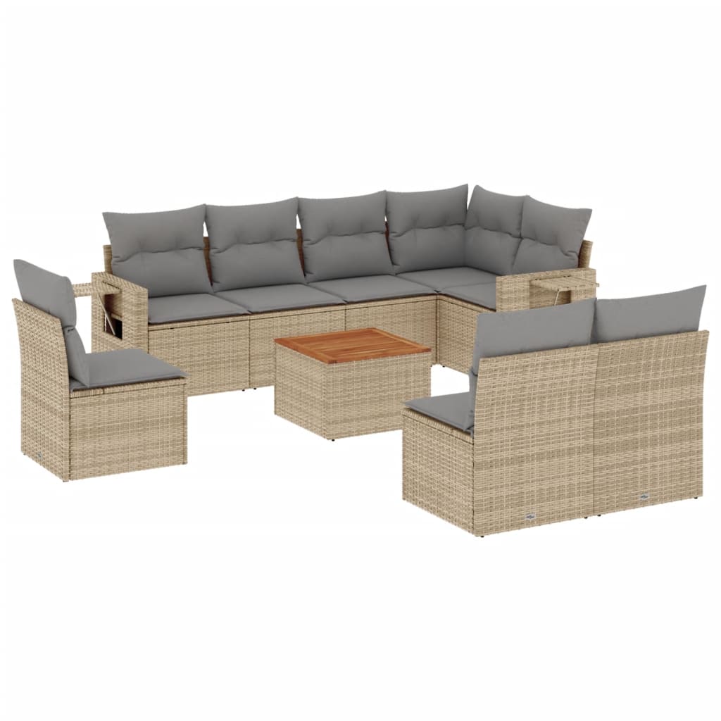 9-tlg. Garten-Sofagarnitur mit Kissen Beige Poly Rattan